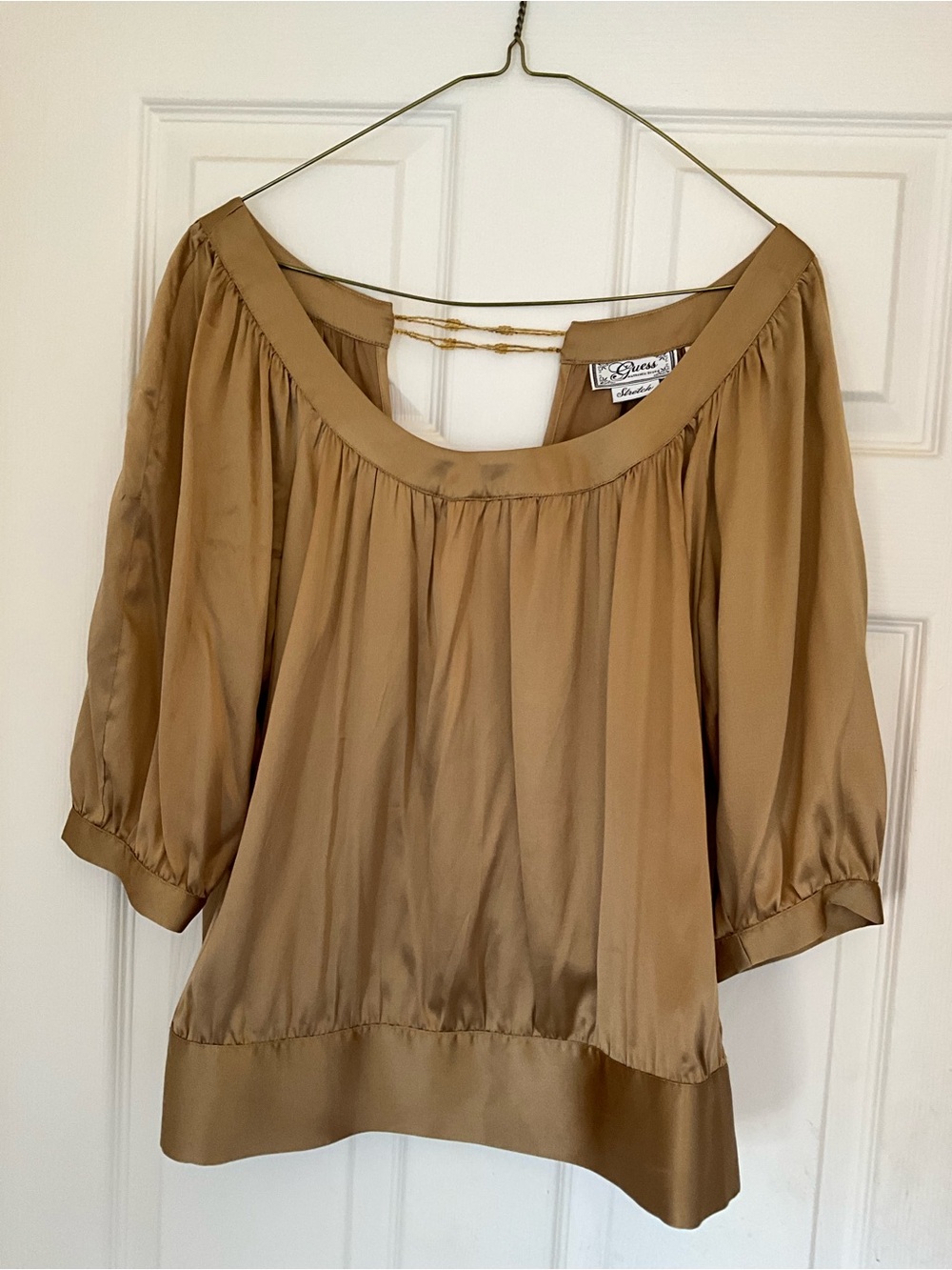 Silky Off-Shoulder Blouse in Camel by Diane Gilman